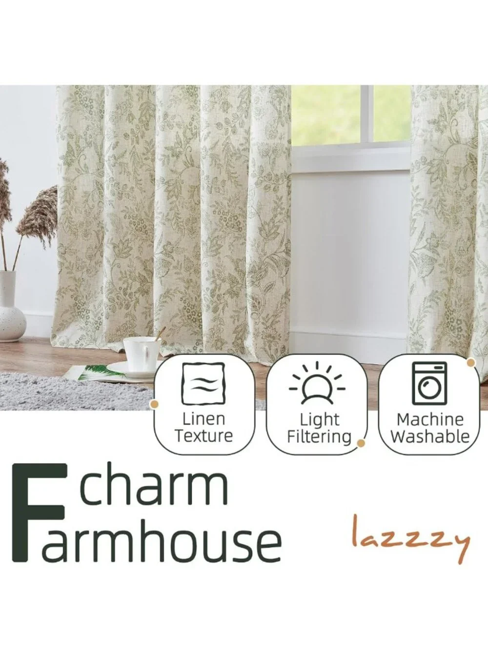 Green Floral Linen Curtains - Farmhouse Back Tab, Light Filtering, Vintage 50x84